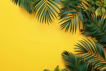 Flat lay frame with palm green leaves on yellow background with copy space. desktop wallpaper with palm leaves. backdrop or green leafy tropical forest patterns for design elements.