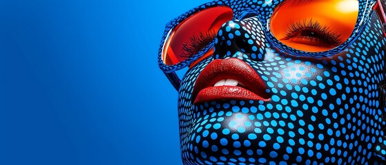 a vibrant portrait of a model with painted skin, wearing sunglasses against a bold blue backdrop, sh