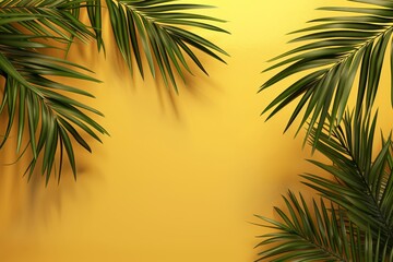 Flat lay frame with palm green leaves on yellow background with copy space. desktop wallpaper with palm leaves. backdrop or green leafy tropical forest patterns for design elements.