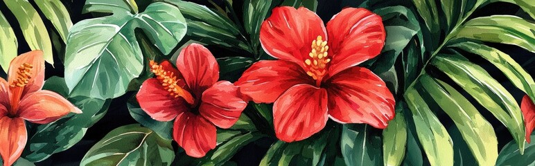 Wall Mural - Watercolor illustration of a red flower ideal for postcard designs beauty decoration and agricultural concepts A vibrant floral display in a tropical garden setting