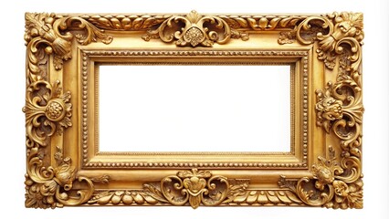 Wall Mural - ornate gold picture frame, intricate carvings, white background, wide-angle, elegance