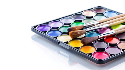 Painting palette with various brushes on a white background reflected