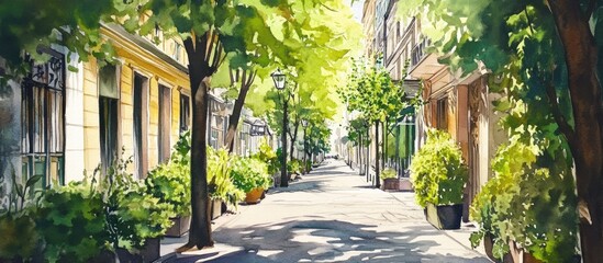 Watercolor illustration of a street adorned with green plants and trees leading to an opera house