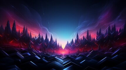 A vibrant digital landscape with geometric shapes and a colorful sky.