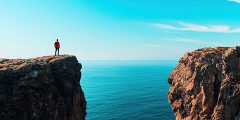 A person stands on a rocky cliff, gazing at the serene ocean under a clear blue sky, representing adventure and solitude.