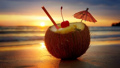 Wall Mural - A tropical coconut shell filled with a creamy piña colada, complete with a paper straw and c