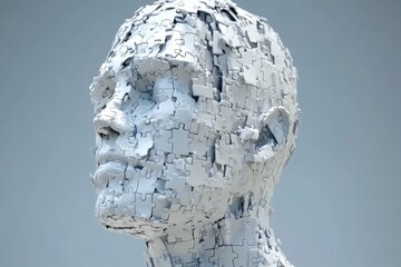 Poster - Brain function Cognitive neuroscience Sculpture of a head made of puzzle pieces symbolizing the assembly of thoughts and the complexity of the human mind