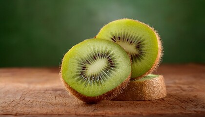 Stack of two kiwi slices, one slightly tilted over the other, with sharp focus on the fuzzy