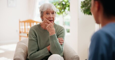 Poster - Elderly, woman and caregiver with conversation at house for medical consultation, healthcare and information. Senior, patient and nurse for communication of concerns, diagnosis results and feedback