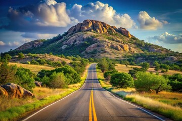 Sticker - Scenic view of paved road and Mt Scott at Wichita Mountains Wildlife Refuge in Southern Oklahoma