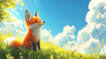 Wall Mural - Adorable fox scout in vibrant colors, grassy border, sunny sky, playful style