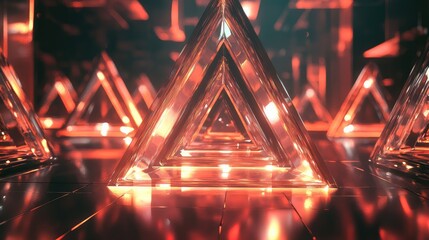 Wall Mural - A 3D illustration of a glowing triangle structure, composed of multiple smaller glass triangles