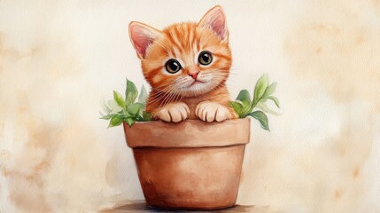 Wall Mural - Cartoon orange cat in a flower pot on light brown watercolor base