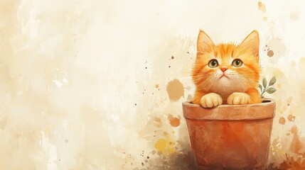 Wall Mural - Cartoon orange cat in a pot on light brown watercolor background