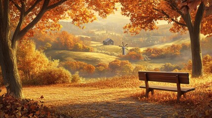 Sticker - Autumn Countryside Landscape with Wooden Bench and Windmill