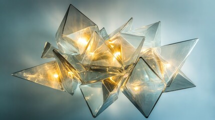 Wall Mural - A floating cluster of transparent glass triangles with internal lights, arranged in an abstract formation