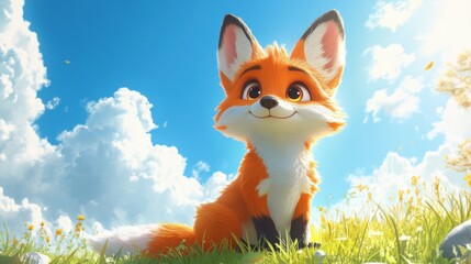 Wall Mural - Colorful fox scout cartoon on grassy frame, bright sky backdrop, charming pose