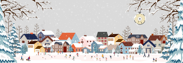 Wall Mural - Winter City Scene,Christmas Greeting Card,New Year 2025 Background,Vector illustration of Horizon Cute Fairy Houses with Snowy for Christmas winter landscape Design for Postcard,Calendar,Web Banner