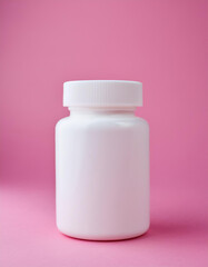 Wall Mural - White medical plastic jar against pink backdrop. Packaging for drugs, vitamins. Pill container.