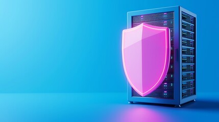 Canvas Print - Cybersecurity concept with a neon pink shield protecting a server rack on a blue background, representing data protection and secure networks.