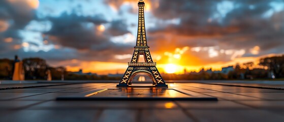 Stunning sunset view of the Eiffel Tower replica, capturing the essence of Parisian charm and romance in warm golden hues.