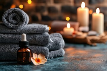 A peaceful spa setting featuring beautifully arranged gray towels, a bottle of essential oil, a delicate flower, and glowing candles for a relaxing ambiance.