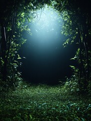 Wall Mural - A dark and mysterious forest path illuminated by a glowing light source above. The path is surrounded by lush green foliage and the light creates an ethereal atmosphere, symbolizing mystery, hope, and