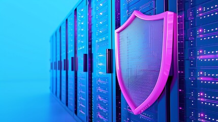 Wall Mural - Cybersecurity concept with a shield symbol on a server rack in a data center, representing data protection, privacy, and internet security.