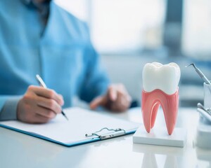 A dentist writes on a clipboard with a large model tooth in the foreground.  The image represents dental care and professionalism.