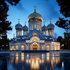 Wall Mural - A stunning orthodox cathedral at dusk, adorned with golden domes reflecting in a tranquil pool, surrounded by lush trees.