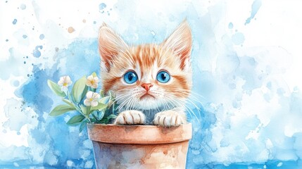 Light blue watercolor with cat in flower pot and crayon lines