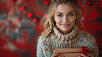 Wall Mural - A woman is holding a box with a red ribbon on it