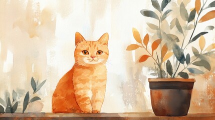 Wall Mural - Light brown watercolor with orange cat in a flower pot, bottom right