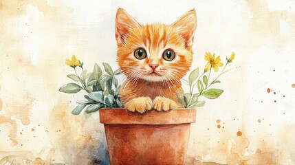 Wall Mural - Orange cat cartoon in flower pot on light brown watercolor base