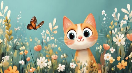 Smiling cartoon cats and butterfly in flower garden on blue background