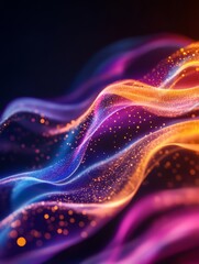 Wall Mural - A mesmerizing digital art piece featuring vibrant, flowing waves of color illuminated by sparkling light particles, evoking concepts of energy, movement, fluidity, and cosmic wonder.