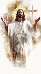  Watercolor illustration of Jesus with open arms, light background, 