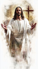  Watercolor illustration of Jesus with open arms, light background, 