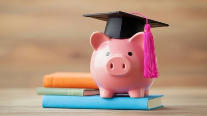 A creative symbol of saving for education: a piggy bank wearing a graduation cap on colorful books.