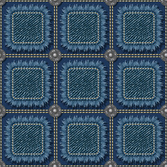 Wall Mural - Seamless blue denim pattern with square fabric patches with frayed fringe, double stitching, buttons. Classic geometric grid. Vintage style.