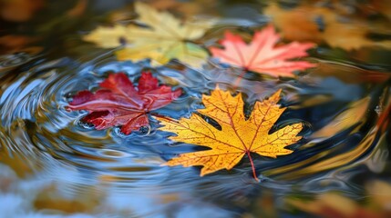Wall Mural - Autumn Leaves Adrift: Colorful maple leaves float on water, reflecting fall's beauty.