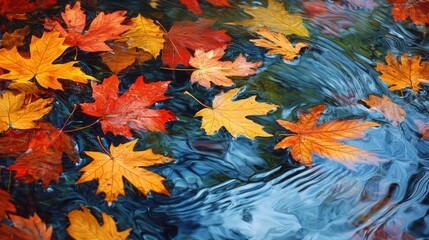 Wall Mural - Autumn Leaves Adrift: Colorful maple leaves float on water, reflecting fall's beauty.
