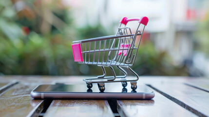 Shopping cart trolley on smartphone, e-commerce concept with copy space