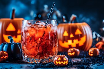 Wall Mural - A glass of red liquid with a black straw in it is surrounded by pumpkins with glowing eyes