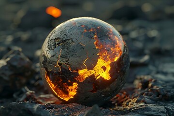 A large, cracked, and burnt ball with a fiery glow. The ball is surrounded by rocks and debris, giving it a sense of destruction and chaos. The image conveys a feeling of danger and destruction