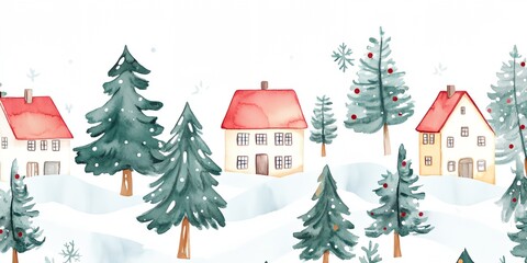 Wall Mural - A winter scene with houses and trees. The houses are red and white and are spread out across the snowy landscape. The trees are bare and the snow is covering the ground