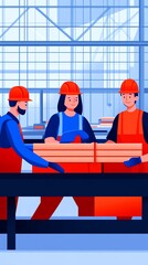 Three factory workers in hard hats and overalls working together on a production line.