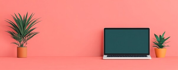 Laptop with blank screen on pink background with potted plants