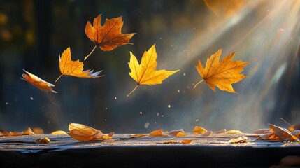 A stunning image capturing the beauty of autumn, featuring golden leaves gracefully falling through a beam of sunlight. The image symbolizes change, transition, and the fleeting nature of beauty.