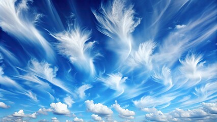 Wall Mural - White feathery fluffy clouds on a blue sky background and texture Wide-Angle